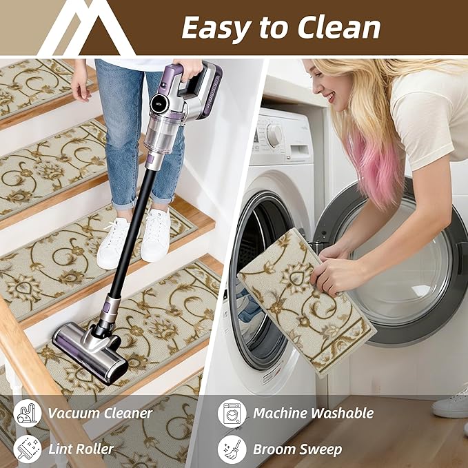 COSY HOMEER-Stair-Treads-for-Wooden-Steps Washable Indoor Stair Treads Non Slip 8" X 30" Soft Stair Carpet Treads Reusable Peel and Stick Stair Runner Rug for Kids, Elders and Pets 4pcs