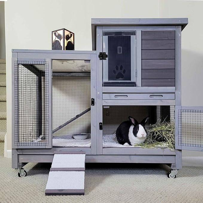 Rabbit Hutch Indoor Rabbit Cage, Large Bunny Hutch Outdoor with Wheels-Removable Wire Netting Include