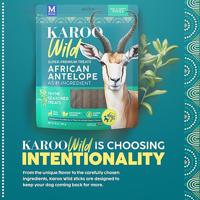 Karoo Wild Sticks Thyme Seasoned Treats for Dogs – 16 oz – Soft & Chewy Protein Sticks Made with African Antelope – Ideal for Training & Rewarding
