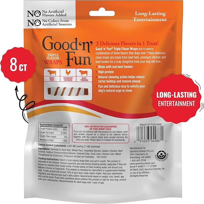 GOOD 'N' FUN Triple Flavor Wraps with Beef Tendon Chews, High-Protein Dog Treat for All Adult Dogs, Made with Real Beef Hide, Chicken & Beef Tendon, 8 Count