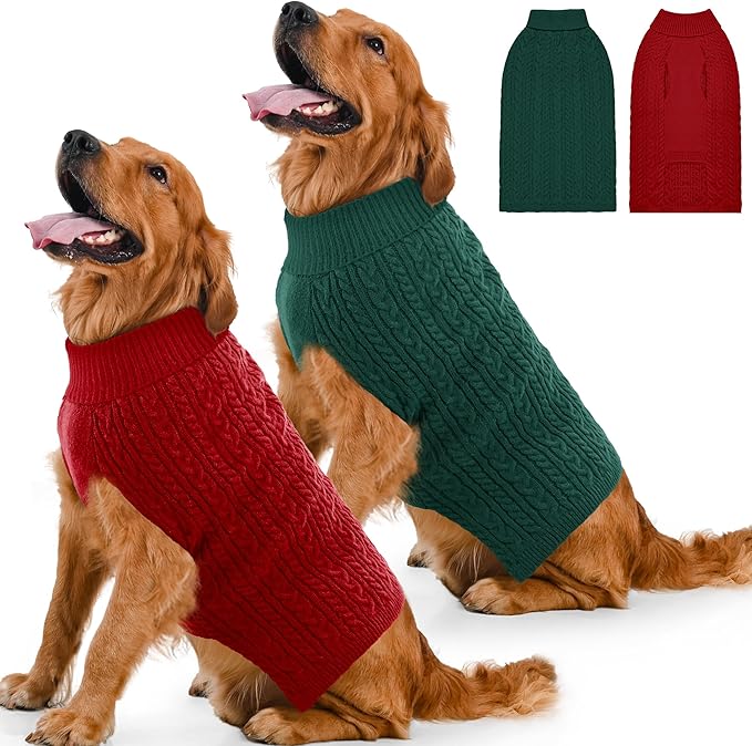 2 Pack Dog Sweaters for Large Dogs Winter Turtleneck Pullover Cable Knit Fleece Stretch Pitbull Labrador Golden Retriever Doberman Bulldog Boy Girl Pet Clothes (XL, Red & Green)