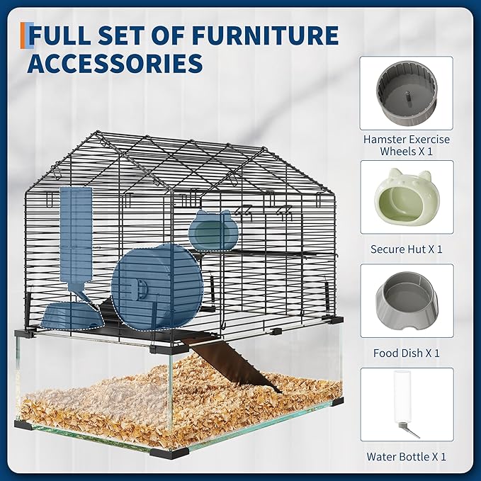 3-Tier Large Hamster Cage, 360° View Metal Guinea Pig Cage with Deep Glass Base, Platforms, Ramps, Running Wheel, Water Bottle, Tool-Free Snap-on Assembly, Rat Cage for Syrian Dwarf Hamster Gerbil