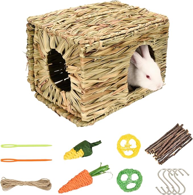 Grass House for Rabbits,Sangle Sopffy,Hand Woven Bunny Grass House,Natural Grass Hideaway for Bunny Guinea Pig Chinchilla Ferret Hamster Squirrel with Rabbit Chew Toys (1 Set, 11.8 * 7.8 * 7.8 inch)