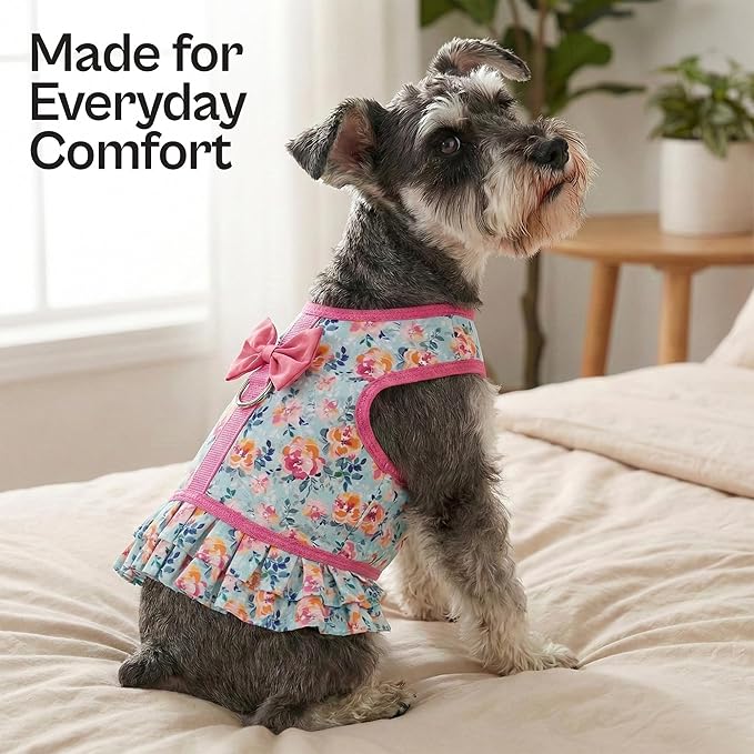 Parisian Pet Floral Dog Harness Dress - Breathable No Pull Puppy Dress with Pink Bow and Leash Ring - 100% Mesh Fabric Harnesses for Dogs - Soft Padded Step in Pet Vest - Dog Harness Medium Sized Dogs