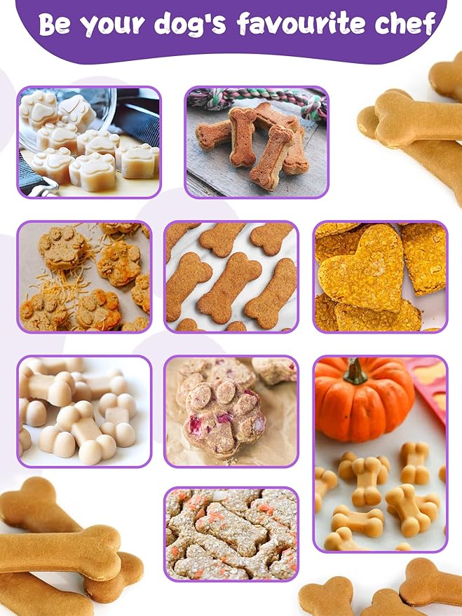 Homemade Dog Treat Molds Silicone,Cookie Cutters,Including 2 Silicone Mold,5+12 Cookie Cutters and, 4 Dog Treat Recipes Card, 50 Bags & 50 Gold Twist Tie