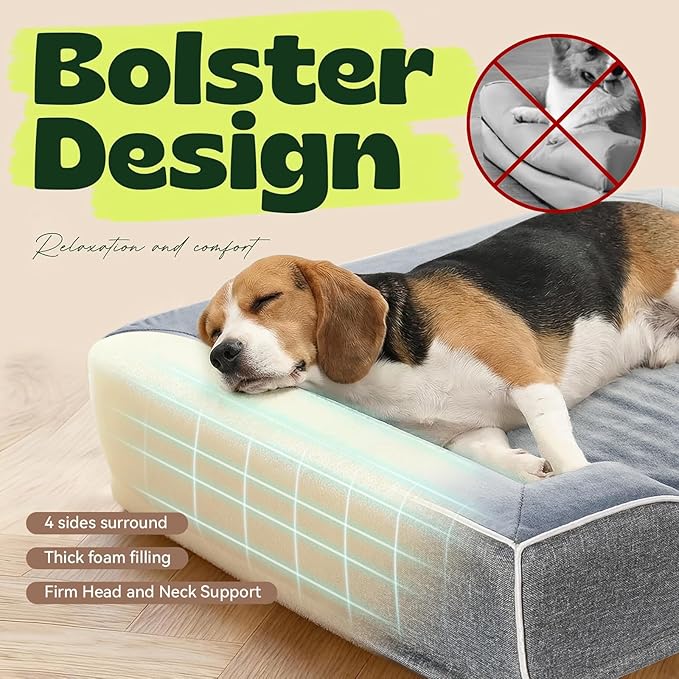 Orthopedic Dog Beds Large Sized Dog with Removable Faux Fur Washable Covers,Waterproof Pet Couch Bed with Cooling Gel Memory Foam and Bolster Side for Big Breed Pets,36" x 27" x 6.5" Dark Grey