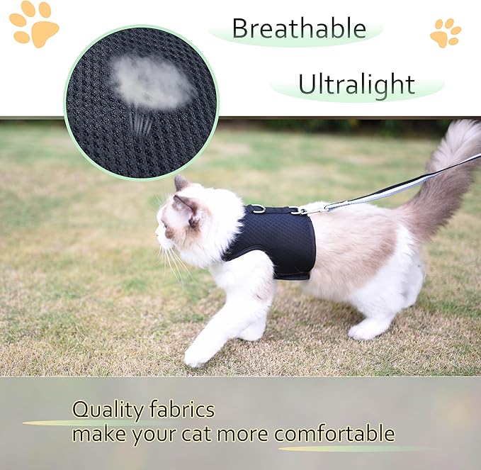 Cat Harness and Leash for Walking Escape Proof Breathable Mesh Fabric, Solid Black, XX-Large, Adjustable Cat Walking Jackets, Padded Stylish Cat Vest