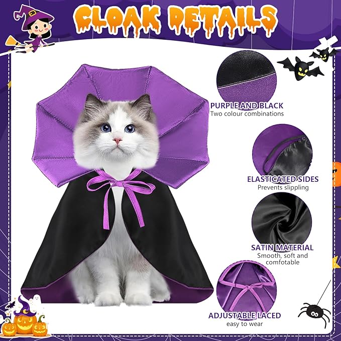 QKURT Cat Vampire Cloak-Pet Halloween Costumes, Dogs Cats Cape, Pet Cosplay Vampire Cloak & Accessories Costume Outfit for Halloween Party (Purple,M)