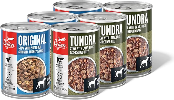ORIJEN Real Meat Shreds Wet Dog Food Variety Pack: Tundra + Original Recipes 12.8oz Cans (6 Count, 3 of Each)