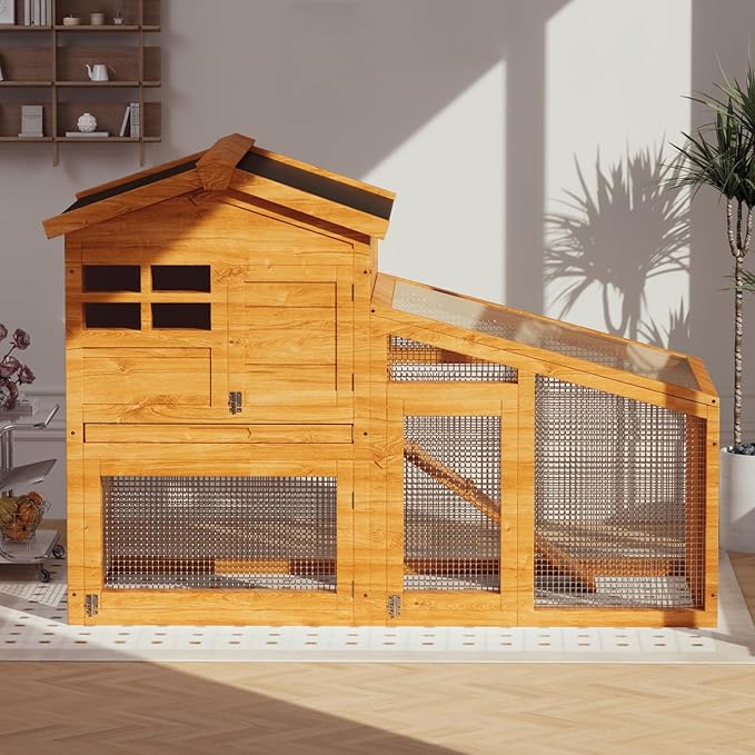 GarveeLife Rabbit Cage, Outdoor Weatherproof Bunny House Wooden, Indoor Bunny Cage with Run, Rabbit Hutch with Removable Tray, Grid Fences, Ramp 53.15" L x 23.62W 37.8" H Wood Color