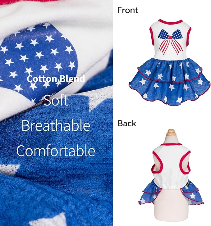 Fitwarm Patriotic Bowknot Tiered Ruffle Dog Dress, 4th of July Clothes for Small Dogs Girl, Pet Outfit, Royal Blue, Red, White, Medium