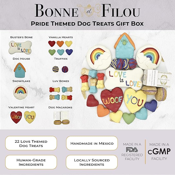 Bonne et Filou Dog Treats Gift Box Pride Themed Human Grade Gourmet 22 Luxury Treats with Dog Macarons, Truffles & Bone Cookies Healthy Snacksfor Small to Large Breeds (22 Count)