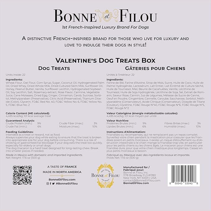 Bonne et Filou Valentine Dog Treats, Gift Box of 22 Luxury Macarons, Truffles & Bone Cookies, Healthy & Delicious Snacks for Medium to Large Dogs