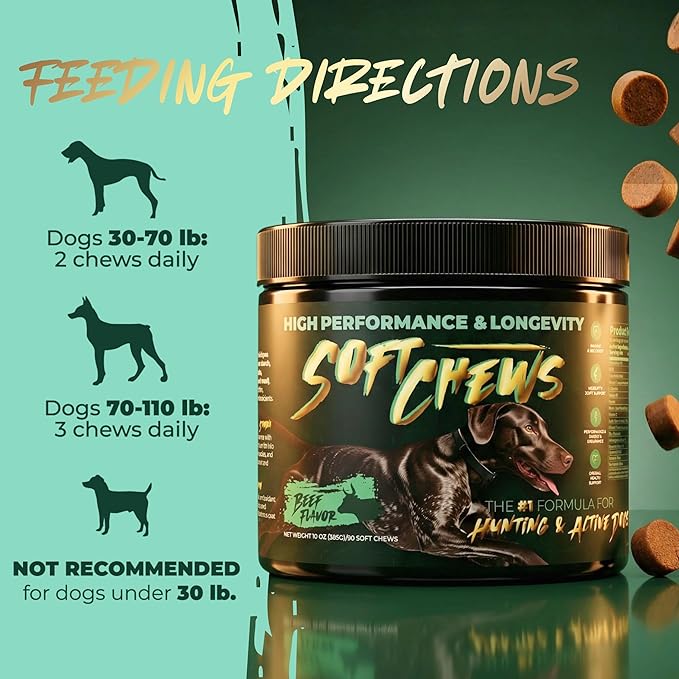 High-Performance & Longevity Soft Chews for Hunting, Sport and Working Dogs with Glucosamine, Chondroitin, Omega-3, Antioxidants, Ashwagandha, Probiotics, Beef Flavor, 90 Count