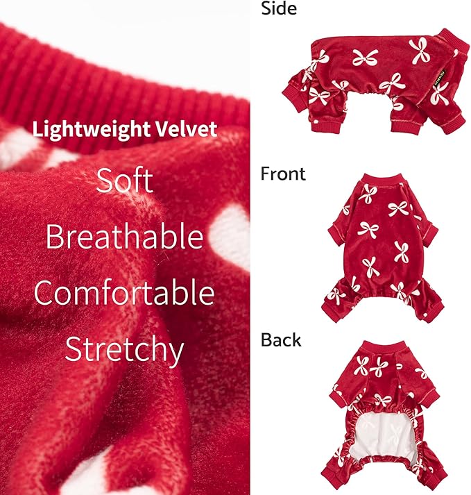 Fitwarm Bowknot Dog Pajamas, Warm Clothes for Small Dogs Girl, Fleece Pet Onesie with Feet, Burgundy Red, White, XL