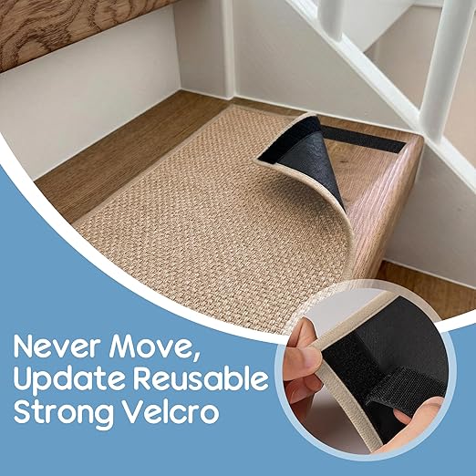 GOYLSER Peel and Sticker Jute Stair Treads Non Slip for Wooden Steps Indoor, 15 Pack Rubber Backed Stair Pads Rug, Removable Khaki Adhesive Staircase Mat Step Cover