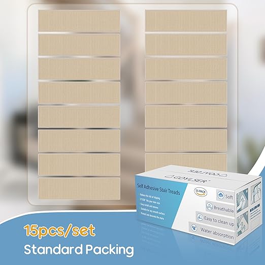 Peel and Stick Stair Carpet Treads for Wooden Steps,15 Pack Indoor Beige Stair Mats, Basement Safety Stick On Stair Rug Step Pads for Pet Dog, Elders and Kids
