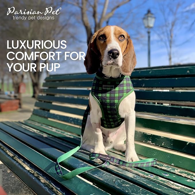 Parisian Pet Green Plaid Dog Harness - Breathable No Pull Puppy Harness with Leash Ring - Adjustable Harnesses for Dogs - Soft Padded Step-in Pet Vest - Lightweight Dog Vests for Large Dogs
