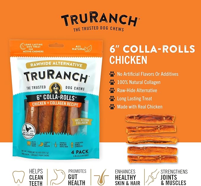 TRURANCH Collagen Rolls - 6" Collagen Rolls for Dogs - Long Lasting Healthy Joint Support - Rawhide Alternative - Skin & Coat Health - Made with Real Chicken, Value Pack, 3 Bags, 12 Count