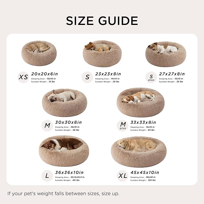Bedsure Calming Dog Bed Medium Size Dog - Donut Washable Medium Pet Bed, 30 inches Anti-Slip Round Fluffy Plush Faux Fur Cat Bed, Fits up to 45 lbs Pets, Camel