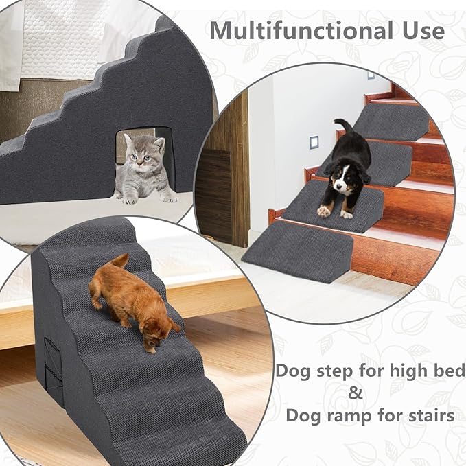 Dog Stairs for High Beds 30-33 inches Tall, 7-Step Pet Stairs/Steps for Small Large Dogs, 30D Foam Pet Steps/Ramp/Ladder for High Bedsides, with 4pcs Dog Ramp for Stairs, Dark Grey
