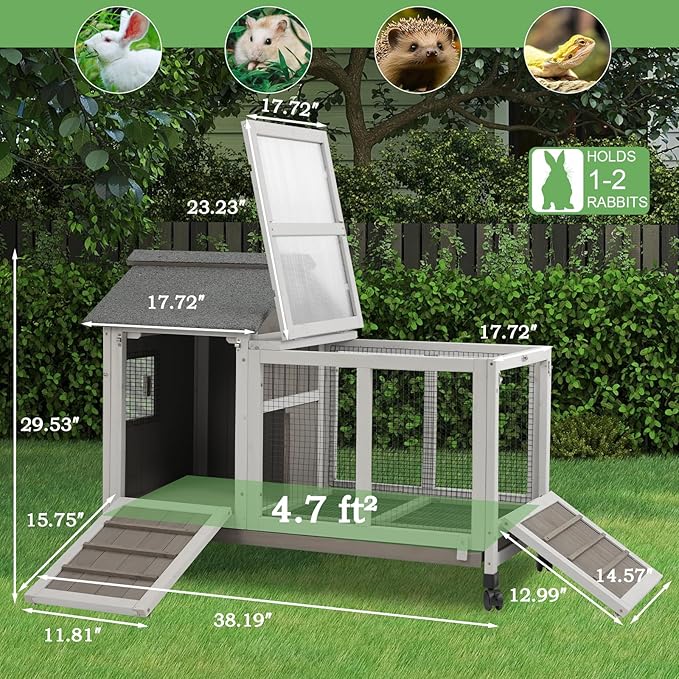 Gowoodhut 38.19"L Rabbit Hutch Indoor and Outdoor with 4 Wheels,Wooden Rabbit Cage with Pull Out Leak-Proof Tray for 1-2 Rabbits,Bunny Hutch with Asphalt Roof Suitable for Garden,Park,Living Room,Grey