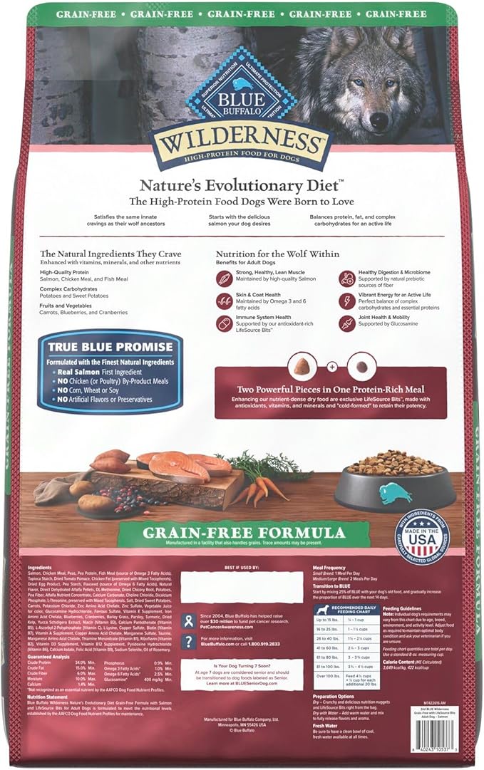 Blue Buffalo Wilderness Adult High-Protein Dry Dog Food with Real Salmon, Grain-Free, Made in the USA with Natural Ingredients, Salmon, 24-lb Bag