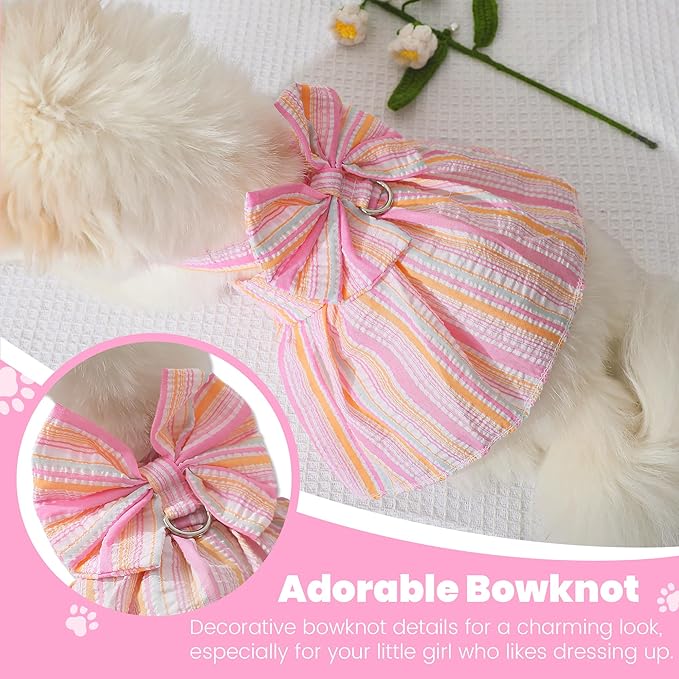 Pet Dog Harness Dress, Cute Striped Pattern with Bow, Princess Puppy Dresses with Button Closure, Summer Dog Clothes for Small Dogs Girl (Pink, Large)