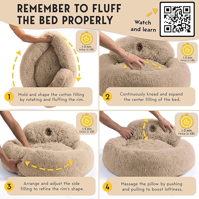 PetJett Large Dog Bed - 36'' Calming Donut Dog Beds, Anti-Slip & Washable Large Round Bed, Fluffy Faux Fur Pet Bed, Super Soft Anti-Anxiety Premium Comfort Bed, Fits Dogs up to 80 lbs - Beige