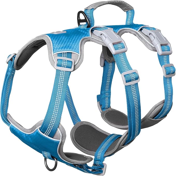 Huntboo Escape Proof Dog Harness, Escape Artist Harness, Reflective Harness with Padded Handle, Breathable, Durable, Adjustable Vest for Medium Dogs Walking, Training, and Running Gear (Blue, L)