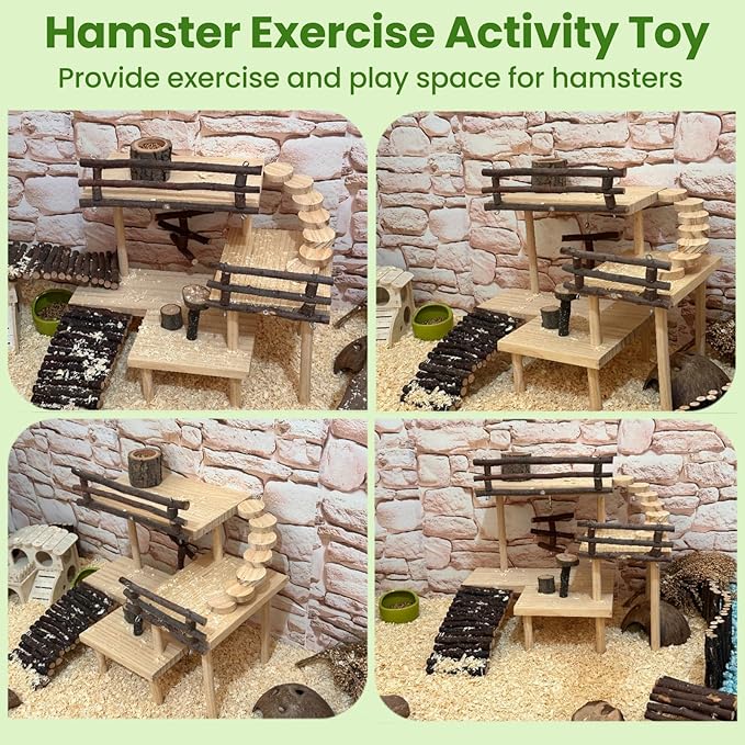 3-Tier Extra Large Wooden Hamster Playground Hamster Climbing Toys Gerbil Platform Small Animals Exercise Activity Set with Ladder for Dwarf Hamsters Mouse Gerbils Rats