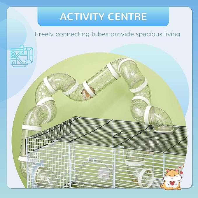 PawHut Hamster Cage, 2 Levels Gerbil Cage, Small Animal Cage for Dwarf Hamster with Tubes and Tunnels, Exercise Wheel, Food Dish, Water Bottle, Ramp, 23" x 13" x 12", Gray