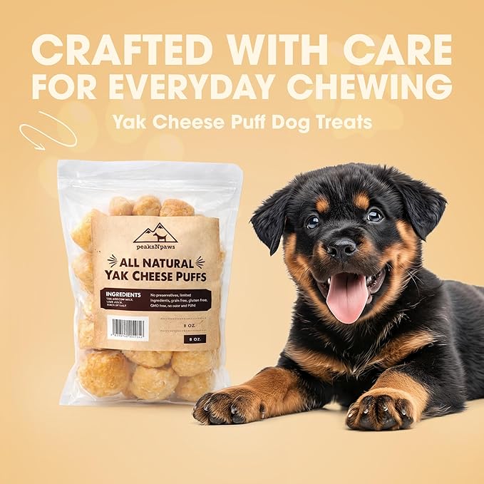 peaksNpaws Yak Cheese Puffs for Dogs, Natural Himalayan Yak Chews, Crunchy & Digestible Dog Treats, High Protein Cheese Puffs for All Breeds (8 oz)