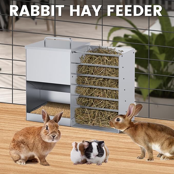 Automatic Rabbit Feeders for Cage Hay Feeder 4.5L Bunny Feeder Stainless Steel Rabbit Food Dispenser for Guinea Pig Squirrel Small Animals Trough