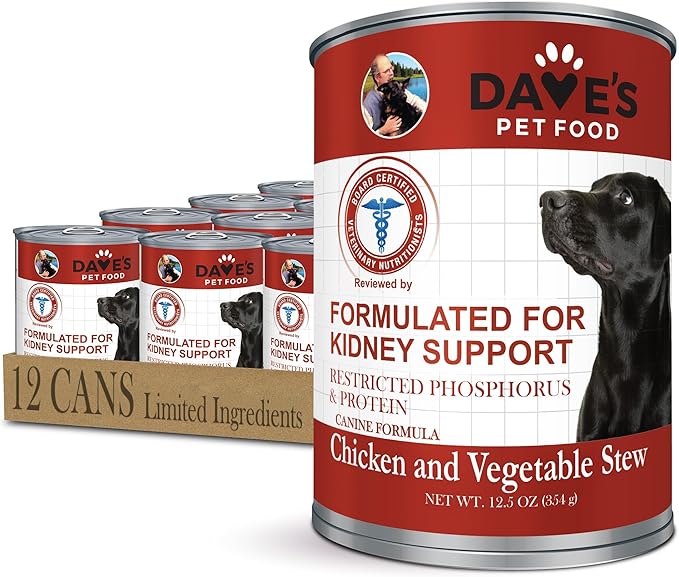Dave's Pet Food Kidney Support for Dogs (Chicken & Vegetable Stew) - Low Phosphorus & Low Protein Wet Canned Dog Food for Renal Health - No Prescription Needed - 12.5 oz (Case of 12)