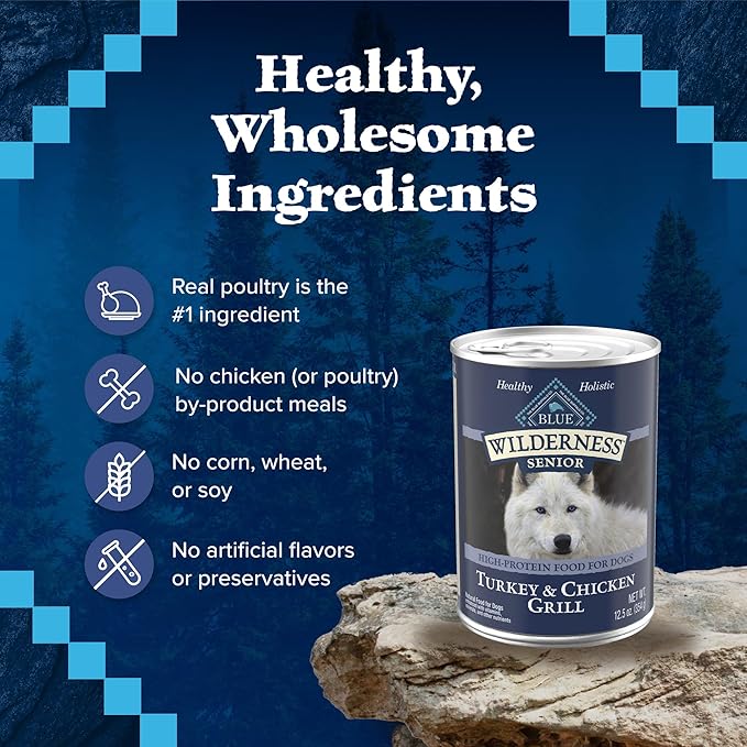 Blue Buffalo Wilderness Natural High Protein Wet Food for Senior Dogs,Turkey & Chicken,12.5-oz Cans,(Pack of 24)