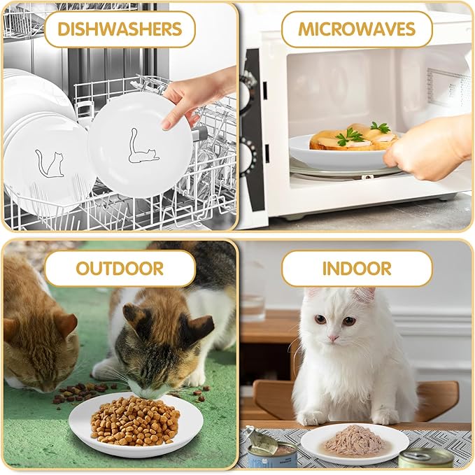 6 Pack Cat Food Bowl, Ceramic Cat Bowls, Anti Whisker Fatigue Cats Bowl Set,5.5 Inches Shallow Wide Kitten Plates for Food and Water (White-B)