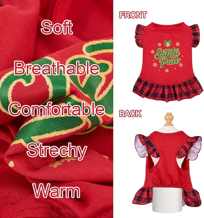 XPUDAC 4 Pack Christmas Dog Dress Plaid Puppy Clothes for Small Dogs Girl Cute Pet Outfit Doggy Apparel Cat Holiday Party Costume, Red, Green, L