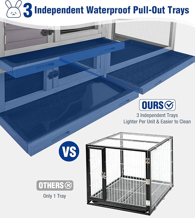 Large Rabbit Hutch Indoor, Bunny Cage Outdoor with Chew-Proof Ramp, 2-Story Guinea Pig Cages with 6 Wheels, 3 Pull-Out Trays, Waterproof Asphalt Roof, 62" L - Grey