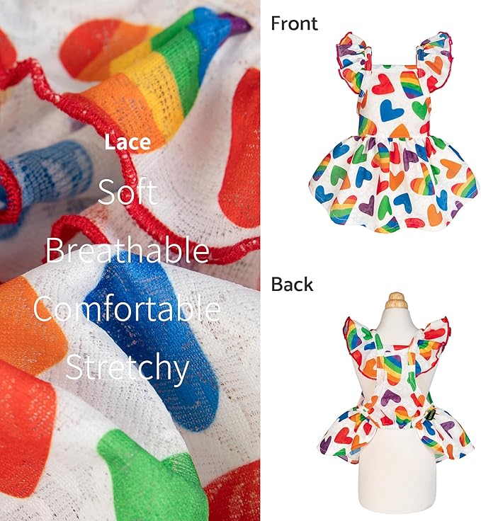 Fitwarm Colorful Heart Dog Dress, Summer Clothes for Small Dogs Girl, Cute Pet Rainbow Outfit, Red, Yellow, Blue, Green, White, Small