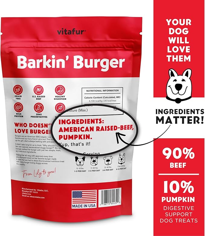 Barkin Burger - Only 2 Premium Ingredients. All Natural Dog Treats - Grain Free, Free from Fillers and Preservatives - Perfect for Sensitive Stomachs, Made in USA (5 oz, Beef & Pumpkin)