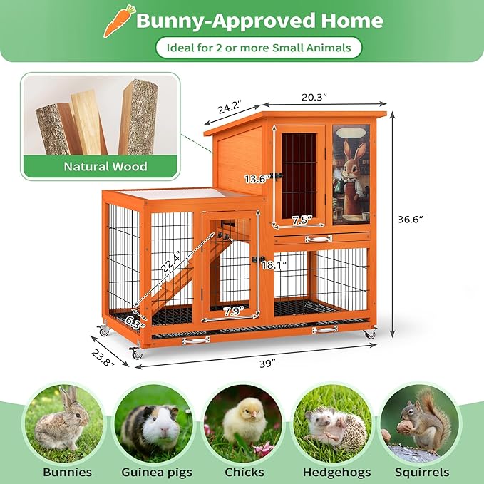 COZIWOW Rabbit Cage Indoor with Wire Bottom, 2-Level Large Wooden Bunny Hutch on Wheels Outdoor for Multiple Small Animals, Orange + Colorful Patterns