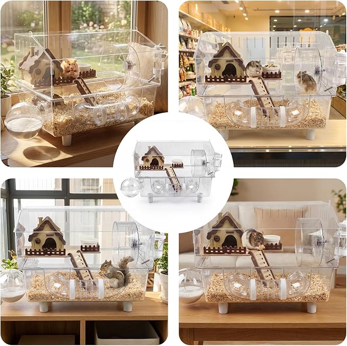 Loungewave Acrylic Hamster Cage, 8 in 1 Gerbil Cage with Accessories, Dwarf Hamster Cage with Full Transparent Viewing, Clear View Inside Easy to Clean, Excellent Ventilation, Classic House Style