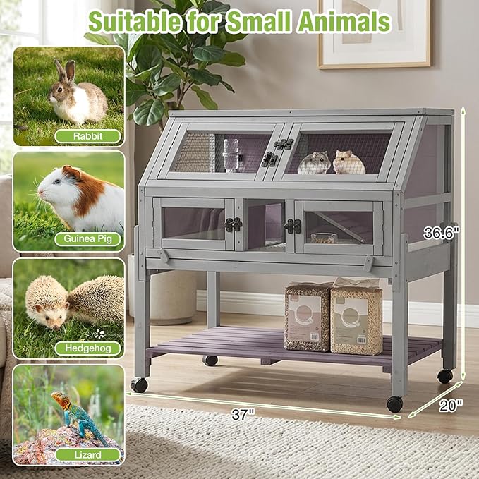 Guinea Pig Cags Indoor, Large Rabbit Hutch with Wheels, Wooden Hamster Cage with Chew-Proof Ram, Zinc Cool Plate and Plastic Floor, Small Animals Cage Habitat with Pull Out Tray (Light Grey)