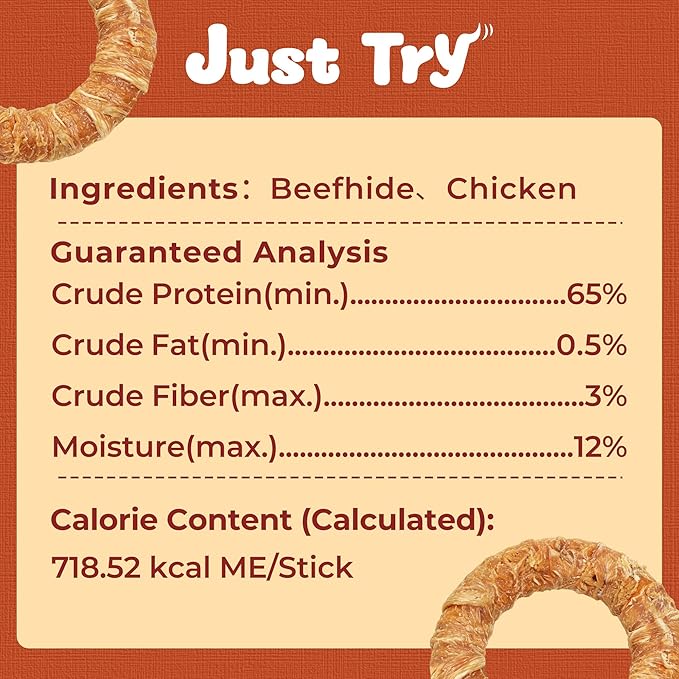 Just Try 7.87" Dog Donut - Chicken Wrapped Rawhide Dog chew - Long Lasting Dog Chews, Dog Treats for Large Dogs
