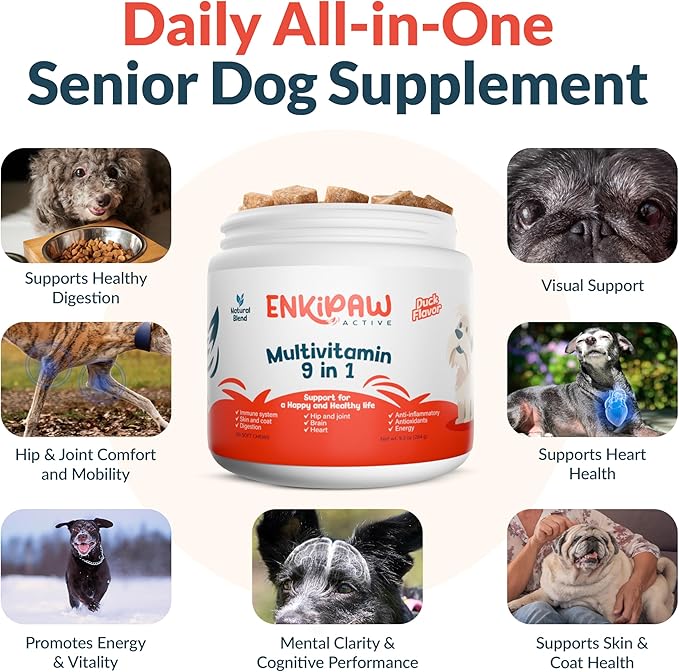 9-in-1 Senior Dog Supplement Multivitamin - Soft Dog Chews Treats for Joints, Energy, Digestion, Immunity | Probiotics, Colostrum, Omegas, Taurine – Duck Flavor - 120 Chewables