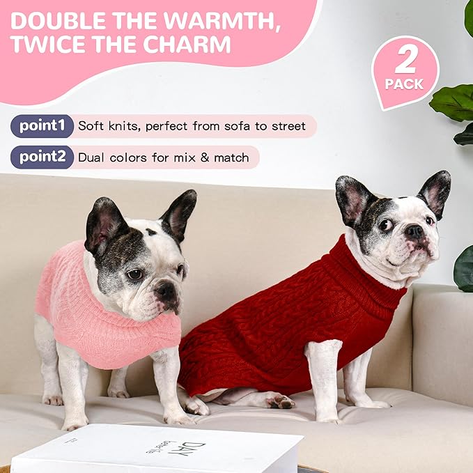 2 Pack Dog Sweaters for Medium Dogs Winter Turtleneck Pullover Cable Knit Fleece Stretch Frenchie Dachshund Pug Corgi Beagle Boy Girl Pet Clothes (L, Pink & Red)