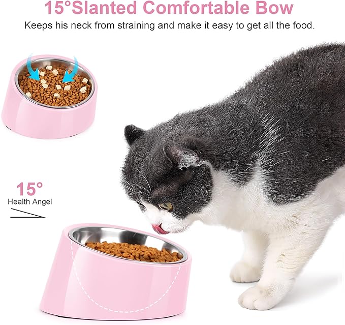 Tilted Dog Bowl Non-Slip & Non-Spill Pet Feeder with Elevated Detachable Melamine Stand, Easy to Get Food Dog Dish, M/180ml Pink