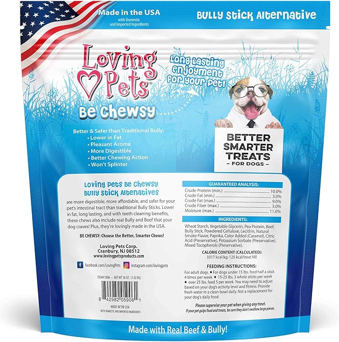 Loving Pets - Be Chewsy Bully Stick Alternative Dog Treat for Small, Medium & Large Dogs (30 Pack of 6 Sticks)