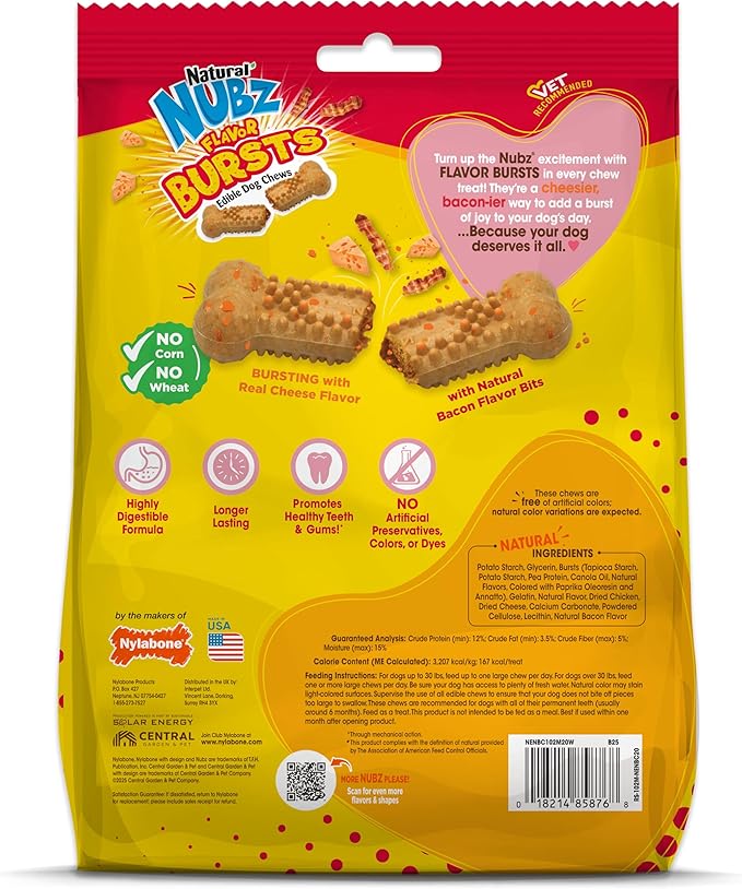 Nylabone Nubz Flavor Bursts Natural Dog Chews for Small Dogs, Long Lasting Chew Bones Made in the USA, Grain-Free Dog Treats, Bacon & Cheese Flavor, for Dogs Over 30 lbs. (20 Count)